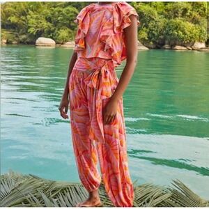 Farm Rio Bright Forest Smocked Waist Pants Pink Orange Tropical Leaf XS NEW